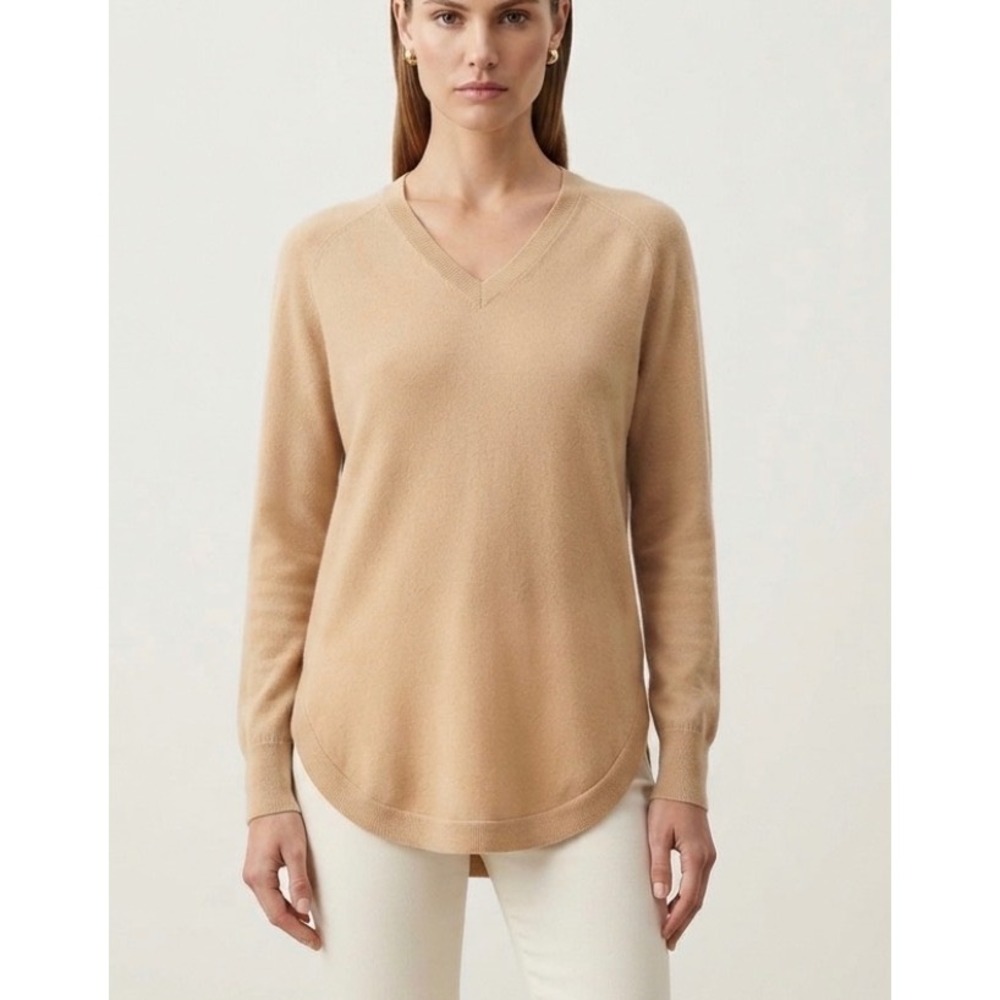 Joh Cashmere Womens Tan Beige V-Neck Curved Hem Sweater With Cashmere Blend M - Picture 1 of 6